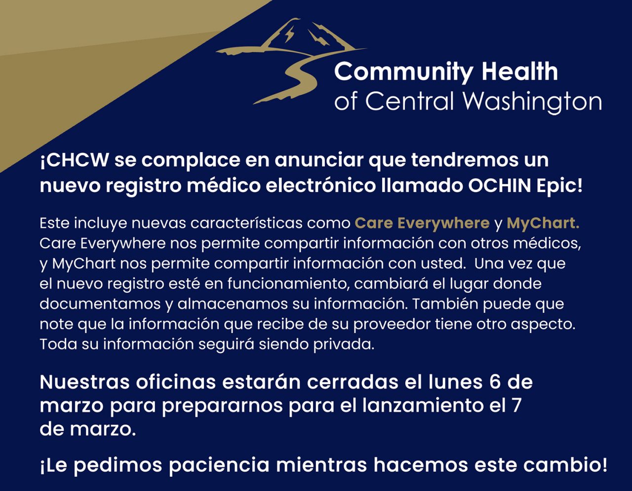 OCHIN EPIC Announcement Community Health of Central Washington